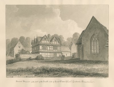 Worcestershire - Droitwich - Pyhän Pietarin kirkko Muinainen kartano: seepiapiirustus, 1833 tekijältä John Chessell Buckler