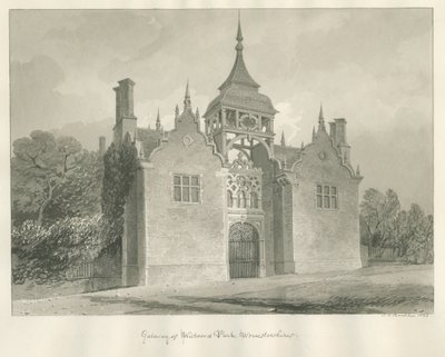 Worcestershire - Westwood Park - Sisäänkäyntiportti: seepiapiirros, 1833 tekijältä John Chessell Buckler