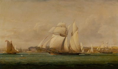 Top Sail Schooner, kaksi Royal Yacht Squadron Cutteria ja amerikkalainen kauppalaiva (öljy) tekijältä John Christian Schetky