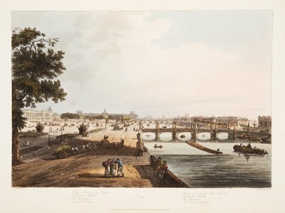 Concorden aukio ja silta; Garde Meuble; Thuilleries; Bridge Reunion, kuvitus "Versailles, Paris and Saint Denis", pubi. 1806 (akvatinta) tekijältä John Claude (after) Nattes