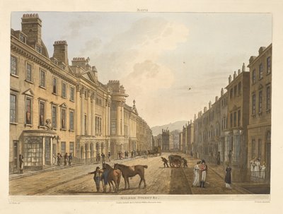 Milsom street.Bath, jota havainnollistaa kuvasarja J. C. Nattesin piirustuksista; kuvaukset jokaiselle levylle.John Claude Nattes1806 tekijältä John Claude Nattes