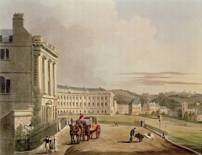 The Crescent, yksityiskohta kadusta, teoksesta Bath Illustrated by a Series of Views, kaiverrettu John Hill 1770-1850 julkaissut William Miller, 1804, akvatintti yksityiskohta teoksesta 92988. tekijältä John Claude Nattes