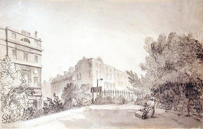 Näkymä Fitzroy-aukiolle, jossa kaksi hahmoa vetää puutarharullaa, n. 1808 (muste ja pesu paperille) tekijältä John Claude Nattes