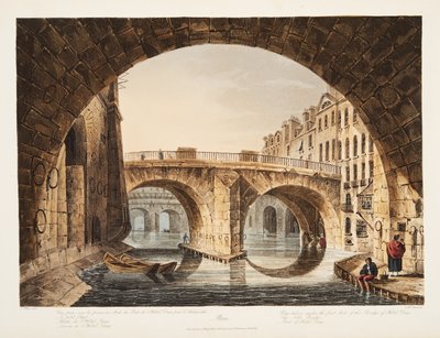Näkymä Hotel Dieun sillan ensimmäisen kaaren alta, Pieni silta, osa Hotel Dieua, kuvitus Versaillesista, Pariisista ja Saint Denisistä, pubista. 1809 (akvatintta) tekijältä John Claude Nattes