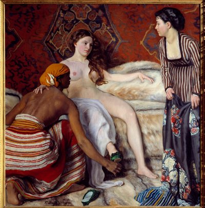Orientalismi: "" WC"" Nuori valkoinen nainen, jota avustavat kaksi neitoaan, saa wc:n. Frederic Bazillen (1841-1870) maalaus 1869 su. 1,32x1,27 m Montpellier, Musee Fabre tekijältä John Clayton Adams