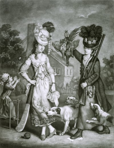 Miss Wicket ja Miss Trigger, 1778 (mezzotint) tekijältä John Collet