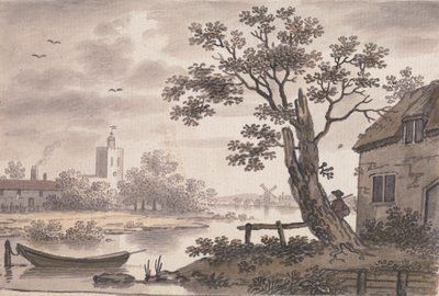 River Scene kirkko, mökki ja tuulimylly tekijältä John Collet