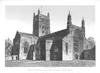 Tewkesburyn luostari, Gloucestershire, N. W. View, 1800-luvun alku. tekijältä John Coney