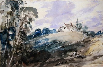 Mökki korkealla rannalla (akvarelli paperille) tekijältä John Constable