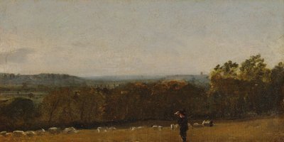 Paimen maisemassa katselee Dedham Valen poikki kohti Langhamia, n. 1811. tekijältä John Constable