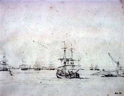 Prikki ankkurissa ja muu laivaliikenne Thamesissa (grafiitti paperilla) tekijältä John Constable