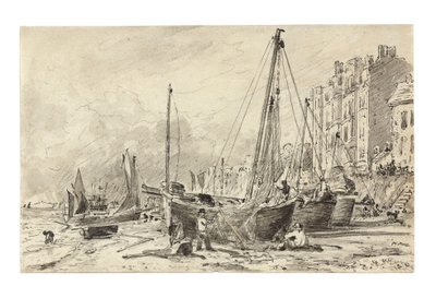 Rannalla olevat kalastusalukset, joissa kalastajat korjaavat verkkoja Brightonin rannalla, katsoen länteen, n. 1824-28 tekijältä John Constable