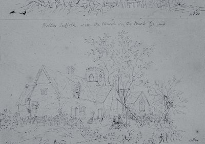 Mökki Holtonissa, taustalla kirkko (kynä ja muste paperille) tekijältä John Constable