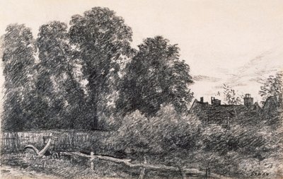 Maisema jalavapuiden ja talon kanssa (grafiitti paperille) tekijältä John Constable