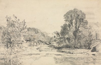 Maisema ja puita ympäröivät lampi tekijältä John Constable