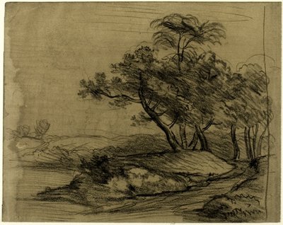 Jokiranta ja puita (etusivu); karjalauma puiden alla, sisennetty luonnos maisemasta (kääntöpuoli). tekijältä John Constable