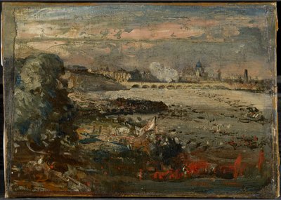 Luonnos teokseen "Waterloo Bridgen avajaiset Whitehall Stairsilta nähtynä, 18. kesäkuuta 1817" tekijältä John Constable