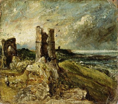 Luonnos Hadleighin linnasta (oikealla) (öljy kartongille) tekijältä John Constable
