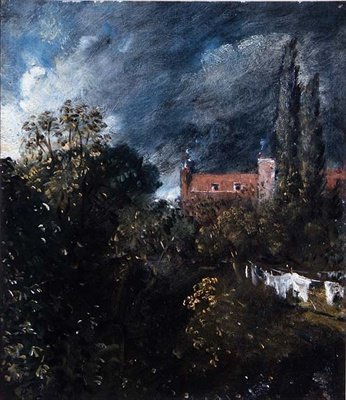 Näkymä puutarhaan, jonka takana on punainen talo tekijältä John Constable