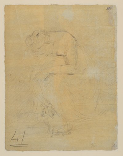 Nainen istumassa, koira jaloissaan, verso, n. 1806 tekijältä John Constable