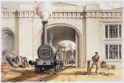 Sisäänkäynti veturin konehuoneeseen, Camden Town, Lontoo, 1839 tekijältä John Cooke Bourne