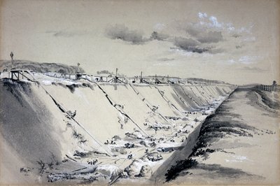 Horse-Runs at Tring Cutting, Hertfordshire, 19. kesäkuuta 1837 (kynä ja muste ja pesu paperille) tekijältä John Cooke Bourne