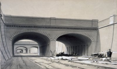 Näkymä lähellä Eustonin asemaa kolmella ylisillalla, syyskuu 1837 (kynä ja muste ja pesu paperille) tekijältä John Cooke Bourne