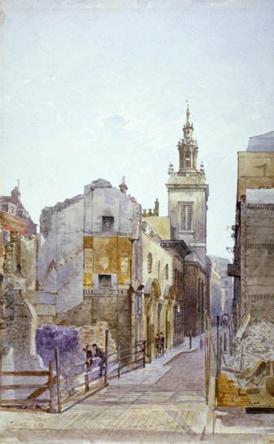College Hill ja St Michael Paternoster Royal -kirkko, Lontoon kaupunki, 1883 tekijältä John Crowther