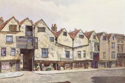Kadonnut Lontoo: Bermondsey Streetin muinaiset vuokrakerrostalot (värilitografia). tekijältä John Crowther