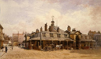 Näkymä Oxford Marketille, St. Marylebone, n. 1880 (akvarelli paperille) tekijältä John Crowther