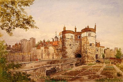 Näkymä Lontoon Towerista, jossa näkyy Byward Tower, Beauchamp Tower, Devereux Tower ja St. Thomas Tower tekijältä John Crowther