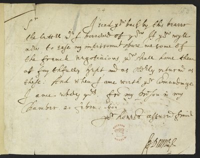 Cotton Julius C. III, f.153 John Donnen nimikirjoituskirje Sir Robert Cottonille, kirjoitettu vankilasta, 20. helmikuuta 1601 (muste paperille) tekijältä John Donne