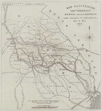 Kartta, joka havainnollistaa kenraali Shermanin marssia Georgian halki Atlantasta Savannahiin marras- ja joulukuussa 1864 tekijältä John Dower