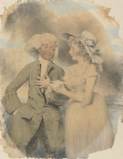 John Edwin ja Mrs. Wells hahmona Lingo ja Cowslip in the Agreeable Surprise, 1787 (wc ja vartaloväri ja musta liitu paperille) tekijältä John Downman