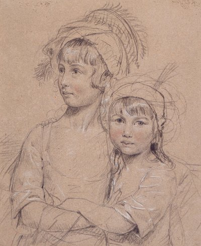 Nro 1857 The Misses Rigby, kuuluisan kirurgin (1747-1821) herra Rigbyn (1747-1821) kaksi tytärtä, 1778 (liitu paperille) tekijältä John Downman