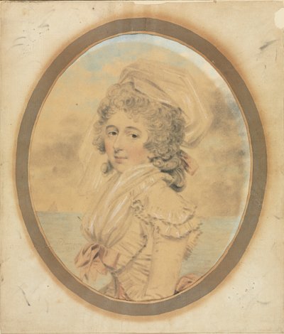 Nuori nainen vaaleanpunaisella rusetilla vartalossaan, 1792. tekijältä John Downman