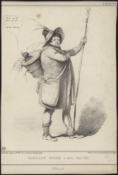 Barnaby Rudge ja hänen korppinsa, kuvitus Charles Dickensin Barnaby Rudgesta, 1841 tekijältä John Doyle