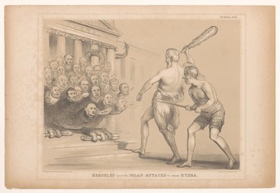 Spotprent tapasi Wellington als Herculesin Hercules hyökkää Iolaksen avustamana (intialaisen) Hydran kimppuun (otsikko esineessä) HB Sketches (sarjan otsikko objektissa) tekijältä John Doyle