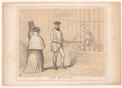 Sarjakuva kuningatar Victorian kanssa leijonan häkissä Vanhan leijonan tönäiseminen (otsikko esineessä) HB Sketches (sarjan otsikko objektissa) tekijältä John Doyle