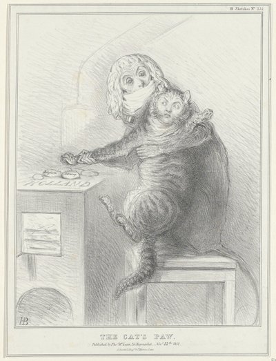 Spotprent op Talleyrand en Palmerston, 1832 Kissan tassu (otsikko esineessä) Poliittiset luonnokset (sarjan nimi) tekijältä John Doyle