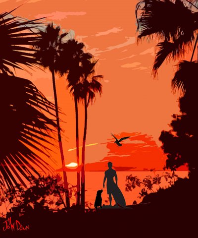 Surffikoira trooppisessa auringonlaskussa tekijältä John Dunn