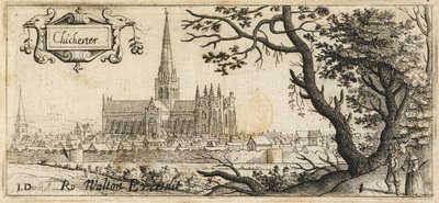 Kaksi hahmoa seisoo suuren puun vieressä oikealla etualalla; Chichesterin kaupunki kaukana; kohtauksen läpi kulkevat kaupungin muurit; Chichesterin katedraali kuvan keskellä, n. 1660 (etsaus) tekijältä John Dunstall