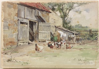 Feeding the Hens, 1909 (wc paperilla) tekijältä John Edgar Mitchell