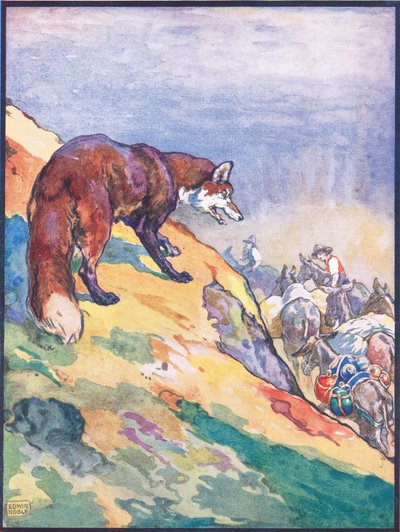 "Hän havaitsi potilaan muulien junan", kuvitus teokselle "The Fox and His Foolish Fear" teoksesta "Eläinlegendat monista maista", julkaisija Raphael Tuck & Sons Ltd. (värilitho) tekijältä John Edwin Noble