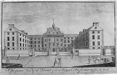 Perspektiivinäkymä kuninkaallisen sairaalan edestä pohjoisesta, n. 1746 tekijältä John Elphinstone