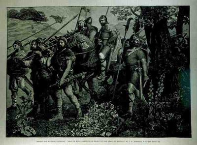Suunnittelu Windsor Tapestry: Kentin miehet marssivat Haroldin armeijan edessä, The Illustrated London News, 29. huhtikuuta 1882 tekijältä John Evan Hodgson