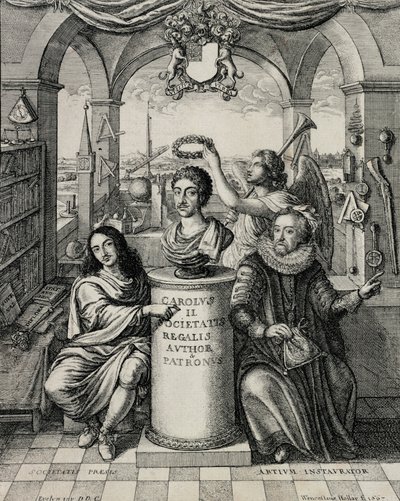 Kaarle II (1630-85) Royal Societyn suojelijana, kaiverrus Wenceslaus Hollar (1607-77) 1667 tekijältä John Evelyn