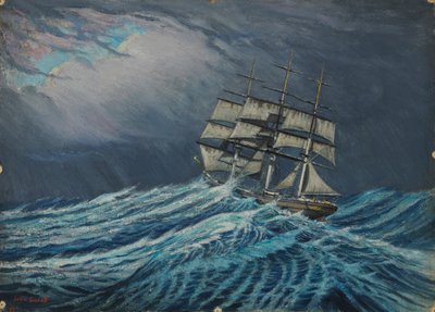 Purjelaiva, 1800-luvun loppu - 1900-luvun puoliväli (öljy kortille) tekijältä John Everett