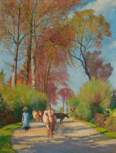 Country Lane amb figura i vaca (oli a bord) finlandès tekijältä John Everett