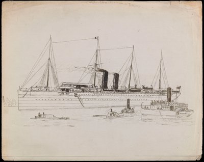 PAH1225; Höyryalus rannikon lähellä, hinaajan ollessa vieressä. Matkustajalaiva hinaajan kanssa ja melahöyrylaiva Tilbury lähellä (piirros). tekijältä John Everett